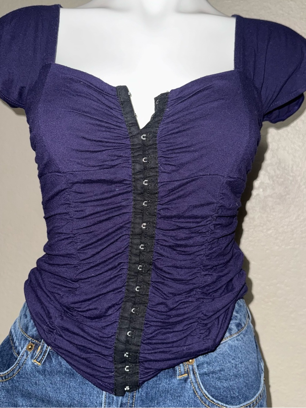 Ruched Square Neck Short Sleeve Top in Purple with Hook-and-Eye Front